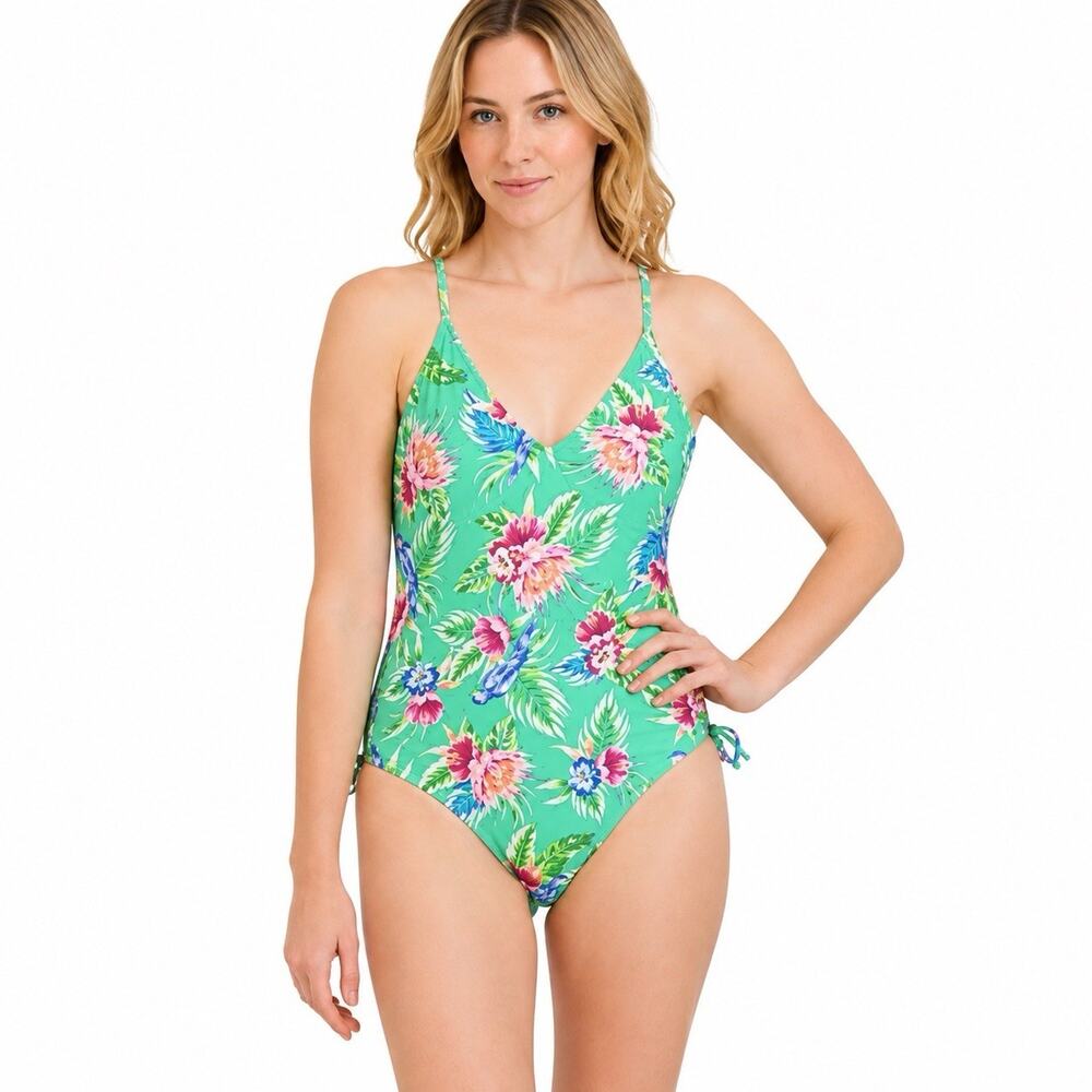BCBGeneration One Piece Swimsuit Medium Green Floral Crossback Tropical Swim